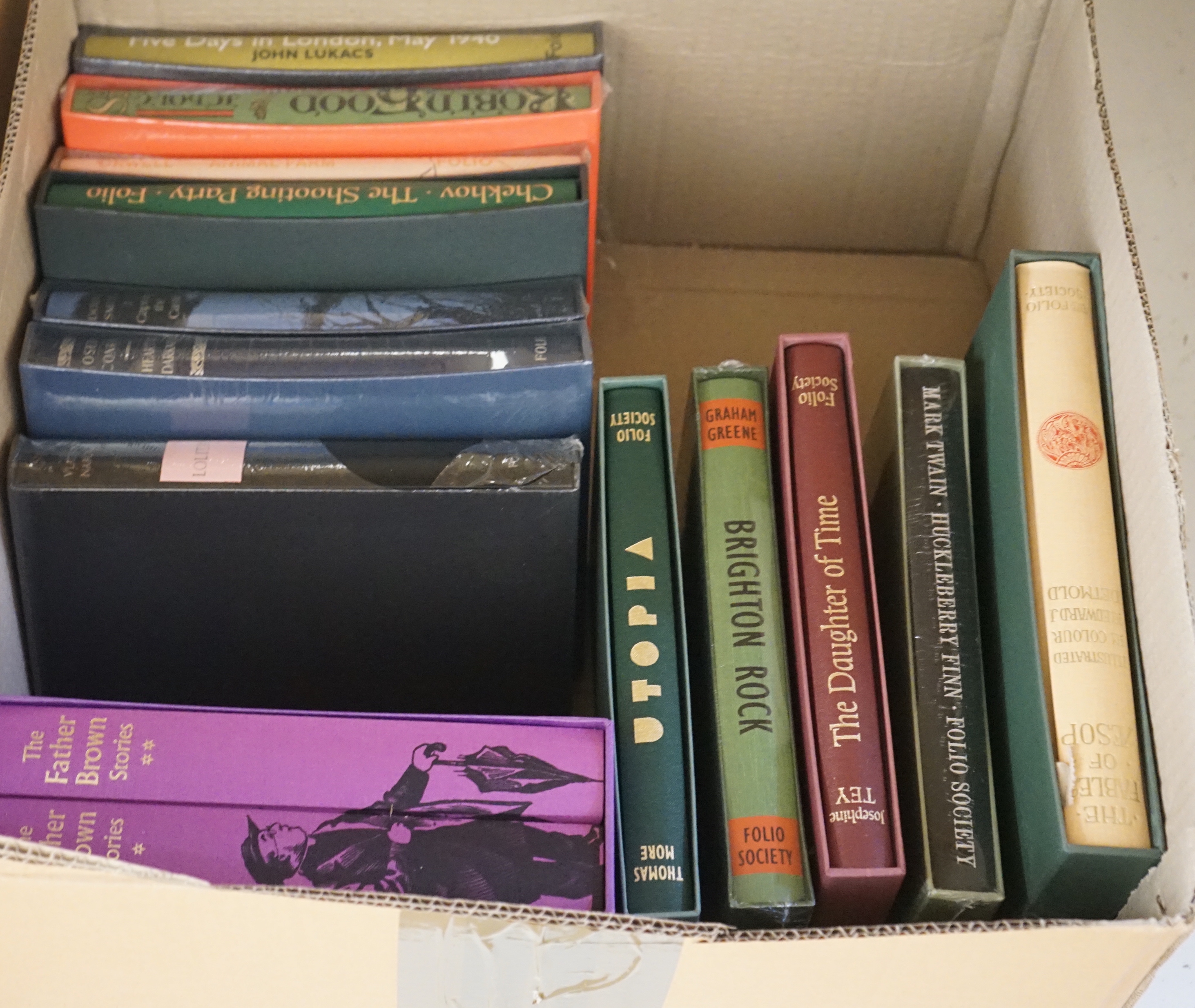 Twenty six Folio Society books, all fiction, including Sons and Lovers; Tinker, Tailor, Soldier, Spy; One Flew Over the Cuckoo’s Nest; Nineteen Eighty-Four; The Father Brown Stories, etc.